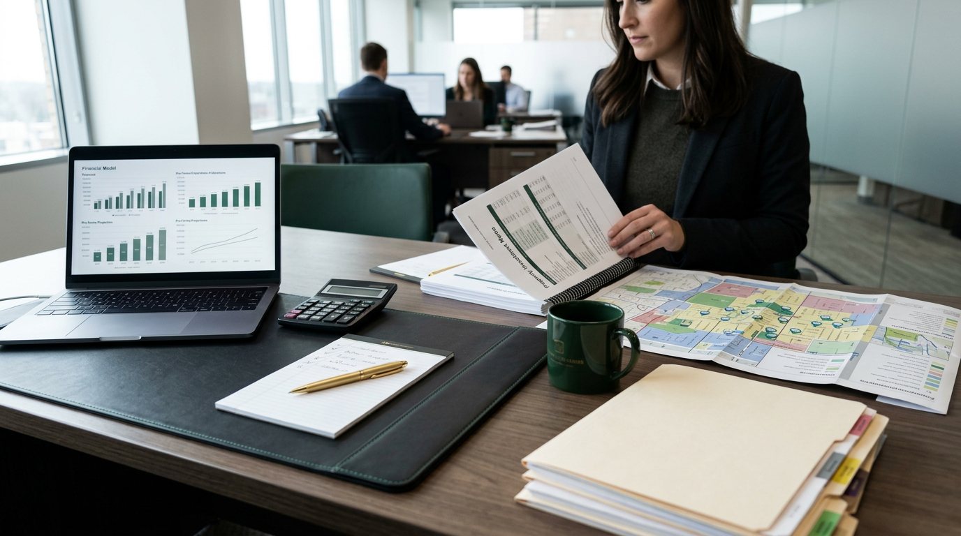 Real estate underwriting workspace — financial model, property reports, and neighborhood map