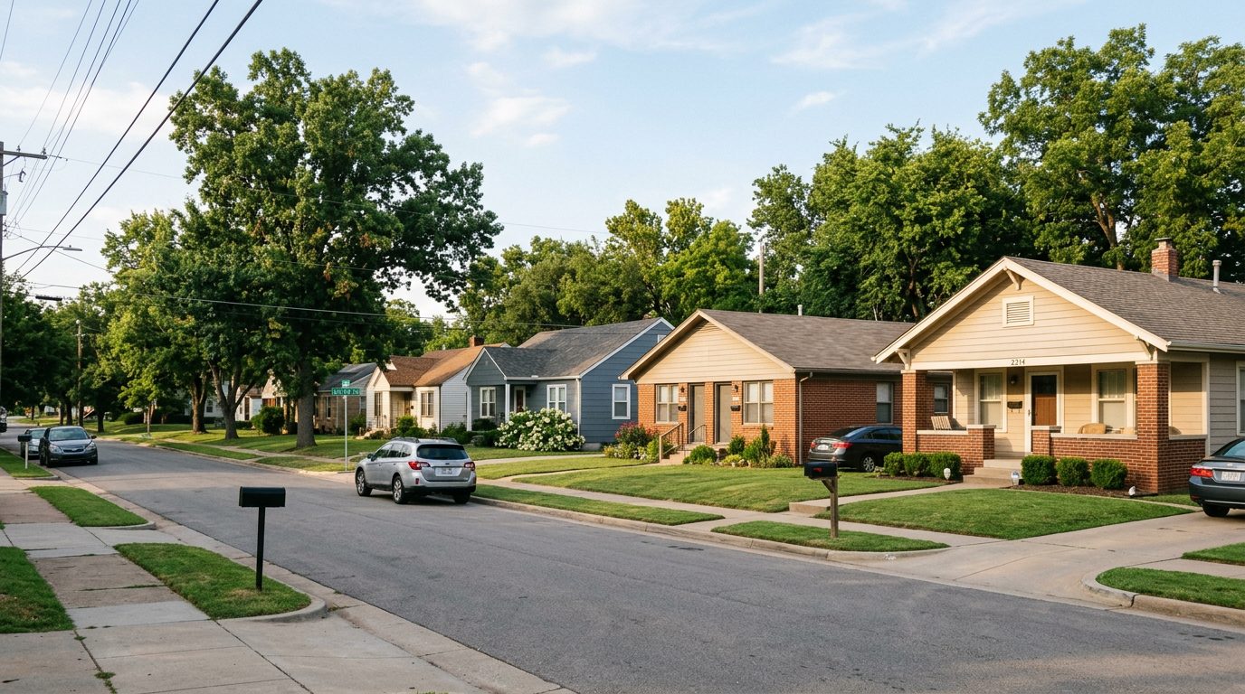 Modest residential street with single-family homes and duplexes