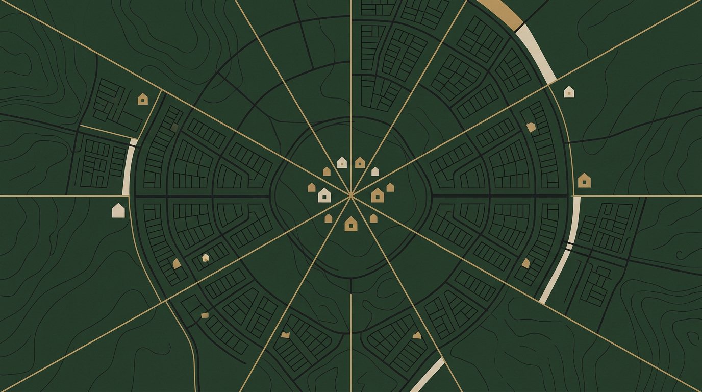 Abstract map and compass artwork with neighborhood parcel lines